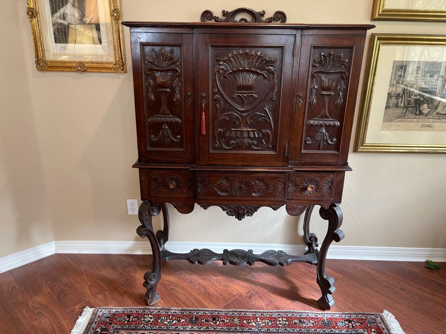 Impressive Antique Carved Wood Secretary Desk 2-Piece Cabinet 41W X 21D X 62H [Photo 5]