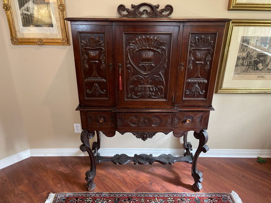 Impressive Antique Carved Wood Secretary Desk 2-Piece Cabinet 41W X 21D X 62H [Photo 4]
