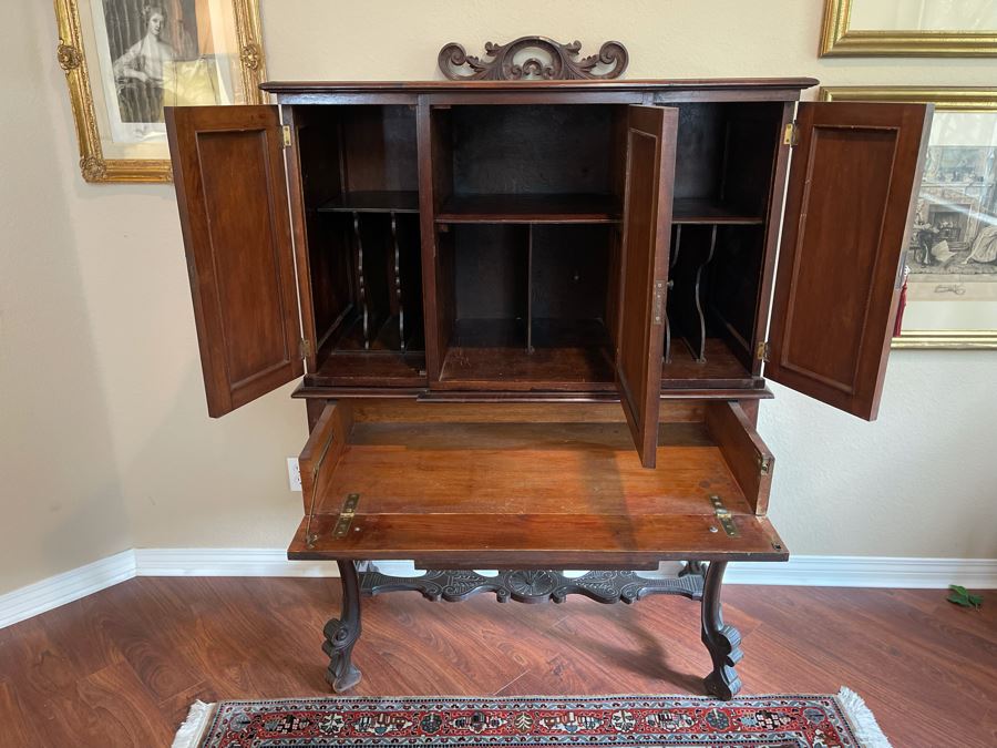 Impressive Antique Carved Wood Secretary Desk 2-Piece Cabinet 41W X 21D X 62H [Photo 2]