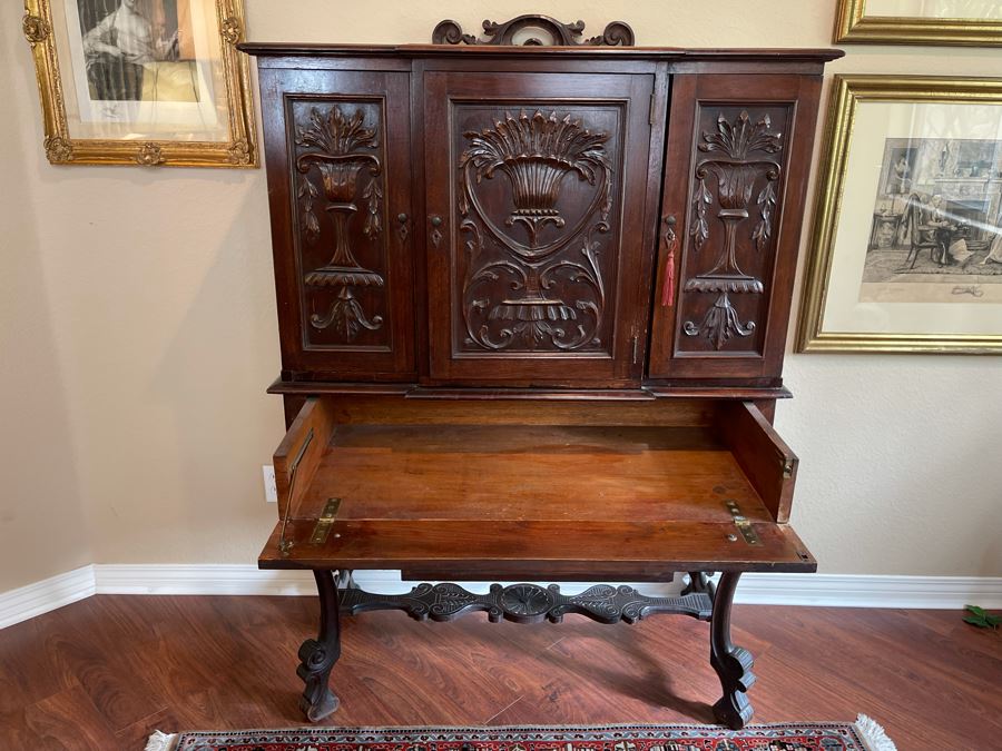 Impressive Antique Carved Wood Secretary Desk 2-Piece Cabinet 41W X 21D X 62H [Photo 23]
