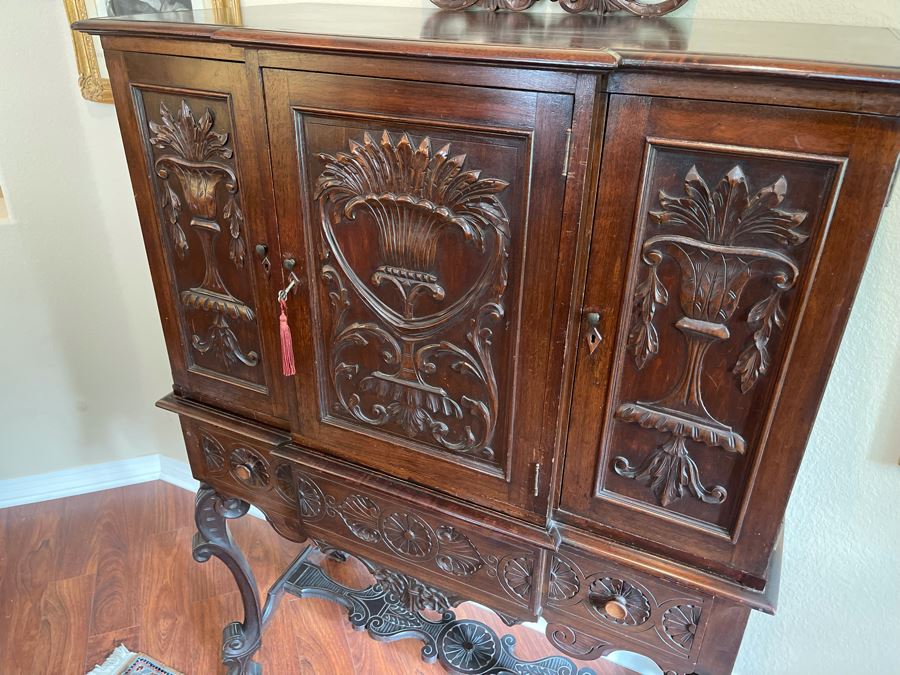 Impressive Antique Carved Wood Secretary Desk 2-Piece Cabinet 41W X 21D X 62H [Photo 8]