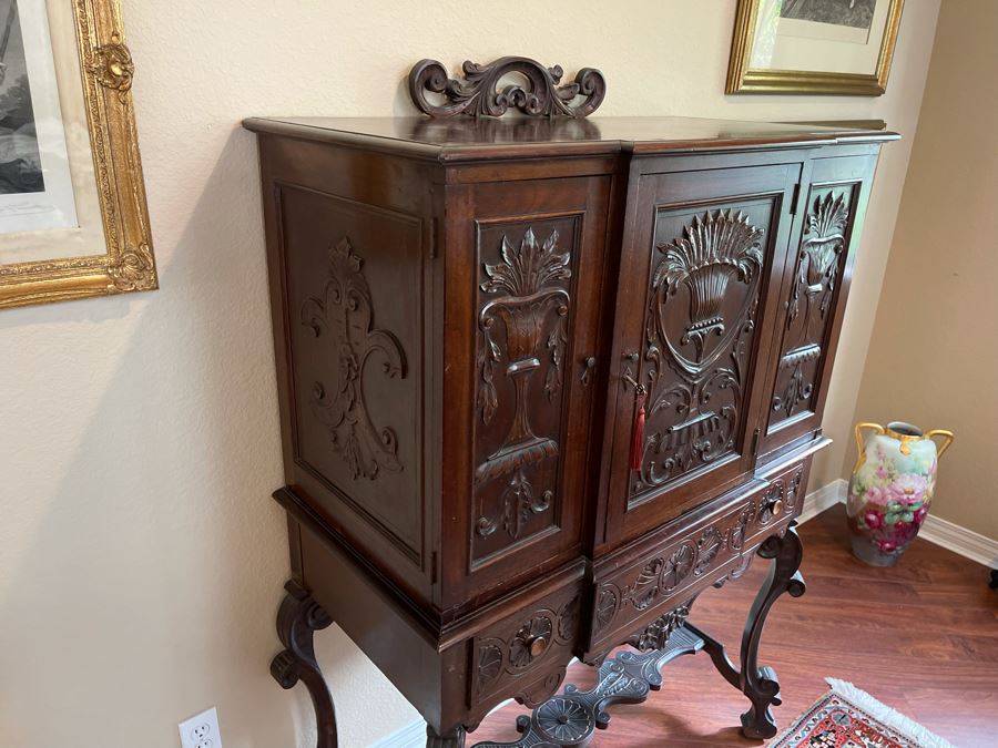 Impressive Antique Carved Wood Secretary Desk 2-Piece Cabinet 41W X 21D X 62H [Photo 15]