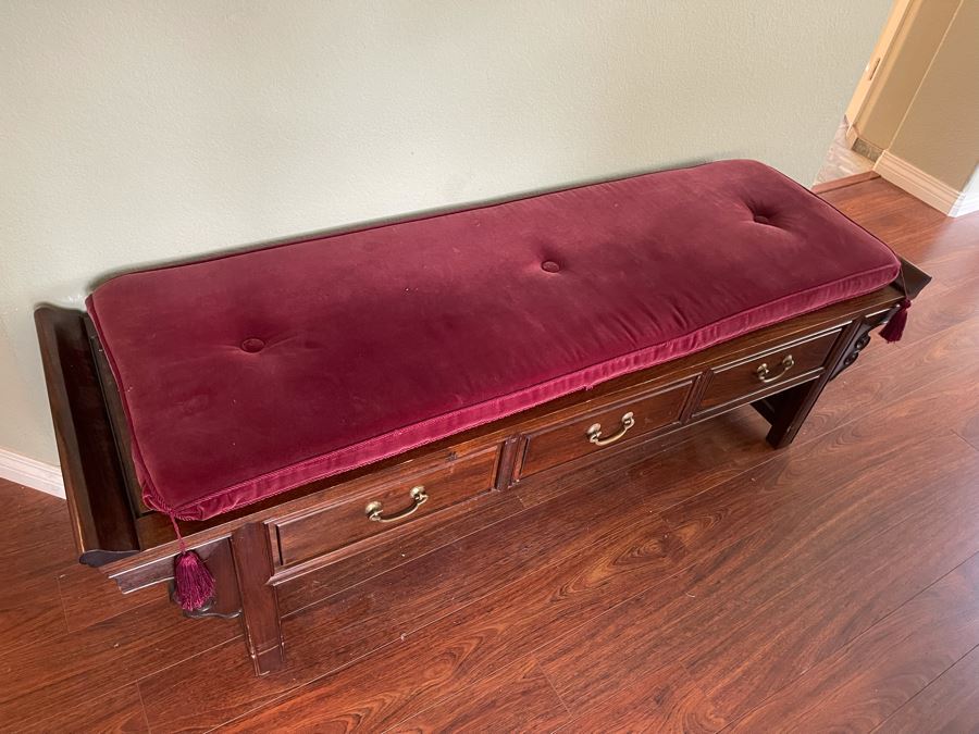 Vintage Chinese Rosewood Bench With Seat Cushion And 3-Drawers Made In Hong Kong 60W X 18D X 18H [Photo 19]