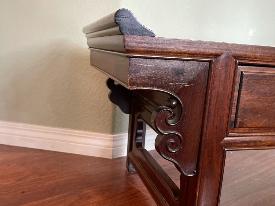 Vintage Chinese Rosewood Bench With Seat Cushion And 3-Drawers Made In Hong Kong 60W X 18D X 18H [Photo 13]