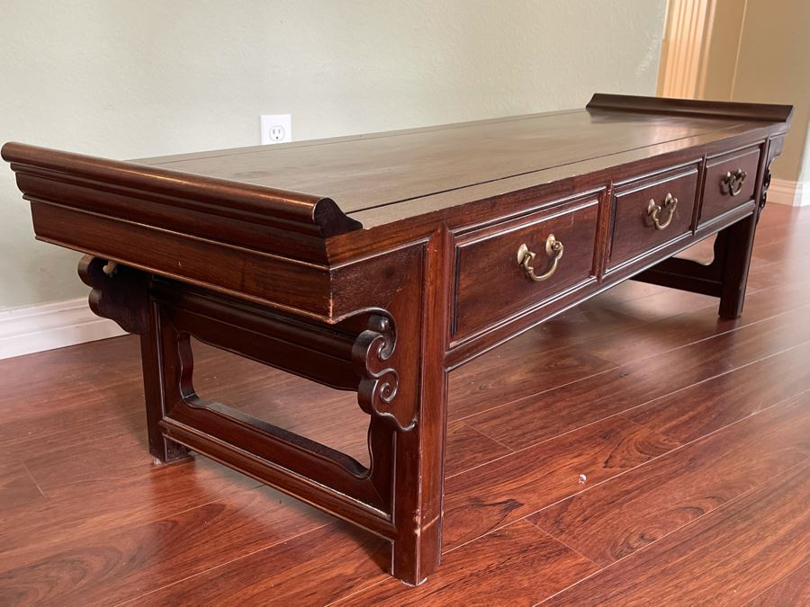 Vintage Chinese Rosewood Bench With Seat Cushion And 3-Drawers Made In Hong Kong 60W X 18D X 18H [Photo 15]