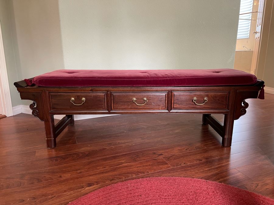 Vintage Chinese Rosewood Bench With Seat Cushion And 3-Drawers Made In Hong Kong 60W X 18D X 18H [Photo 3]