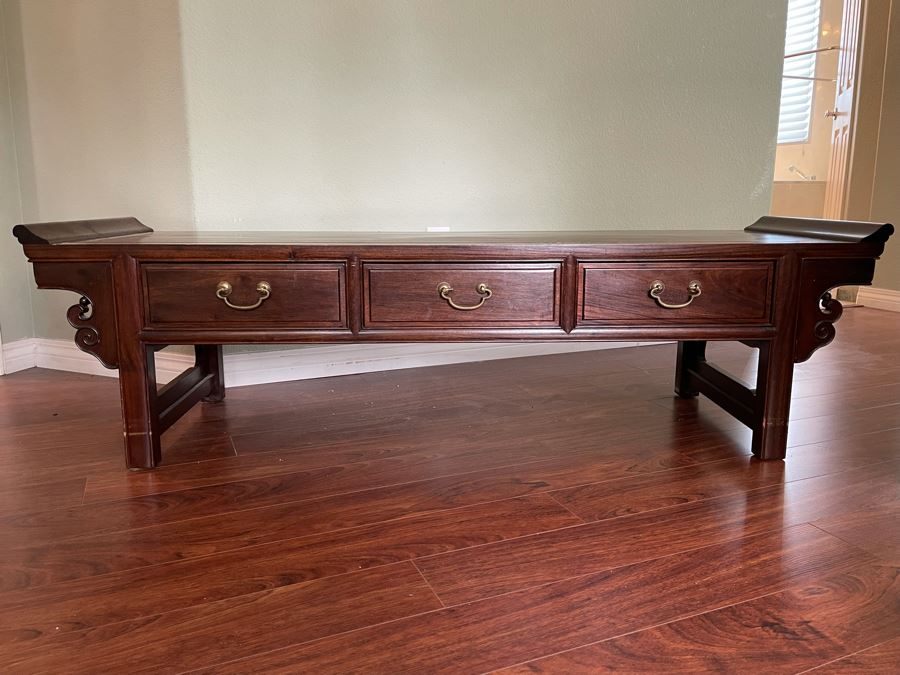 Vintage Chinese Rosewood Bench With Seat Cushion And 3-Drawers Made In Hong Kong 60W X 18D X 18H [Photo 7]
