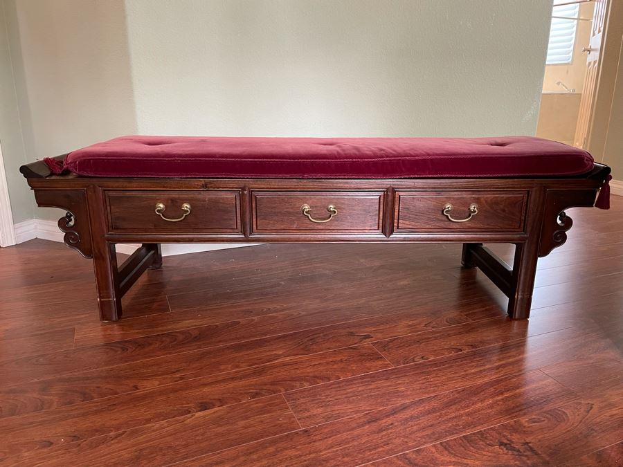 Vintage Chinese Rosewood Bench With Seat Cushion And 3-Drawers Made In Hong Kong 60W X 18D X 18H [Photo 5]