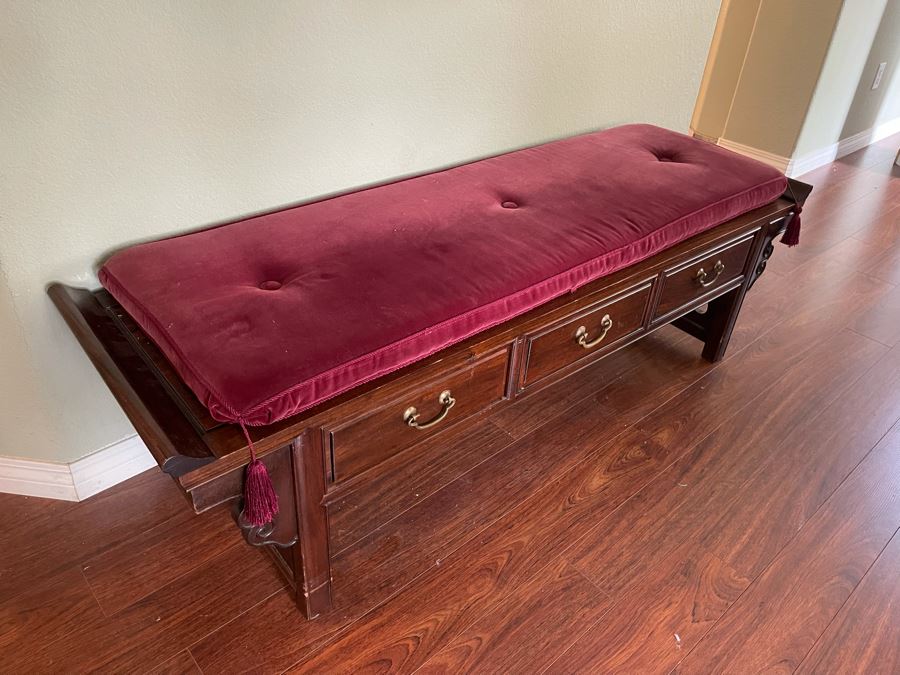 Vintage Chinese Rosewood Bench With Seat Cushion And 3-Drawers Made In Hong Kong 60W X 18D X 18H [Photo 18]