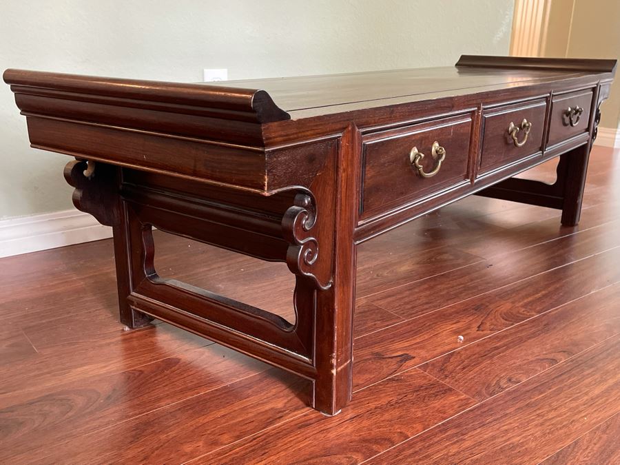 Vintage Chinese Rosewood Bench With Seat Cushion And 3-Drawers Made In Hong Kong 60W X 18D X 18H [Photo 2]