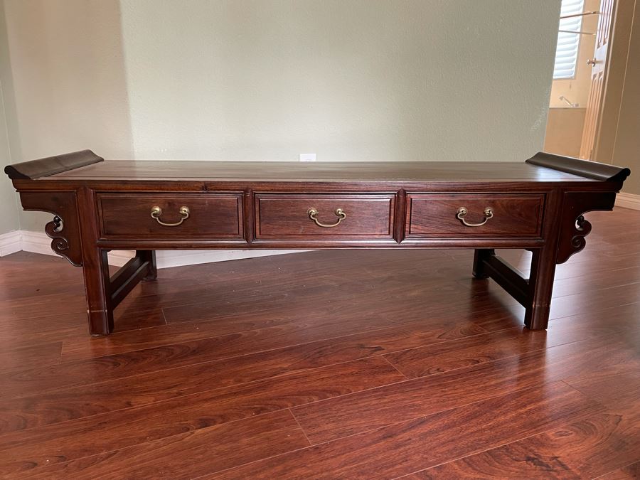 Vintage Chinese Rosewood Bench With Seat Cushion And 3-Drawers Made In Hong Kong 60W X 18D X 18H [Photo 1]