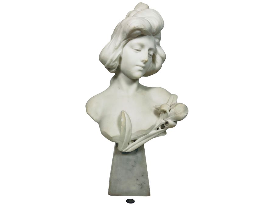 Carved Stone Bust Sculpture Of Woman On Base 11W X 6D X 22H