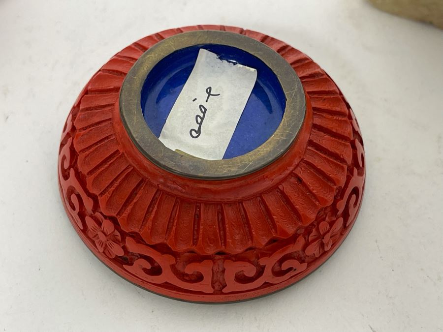 Small Chinese Carved Soapstone And Cinnabar Blue Enamel Trinket Box [Photo 11]