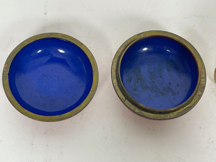 Small Chinese Carved Soapstone And Cinnabar Blue Enamel Trinket Box [Photo 10]