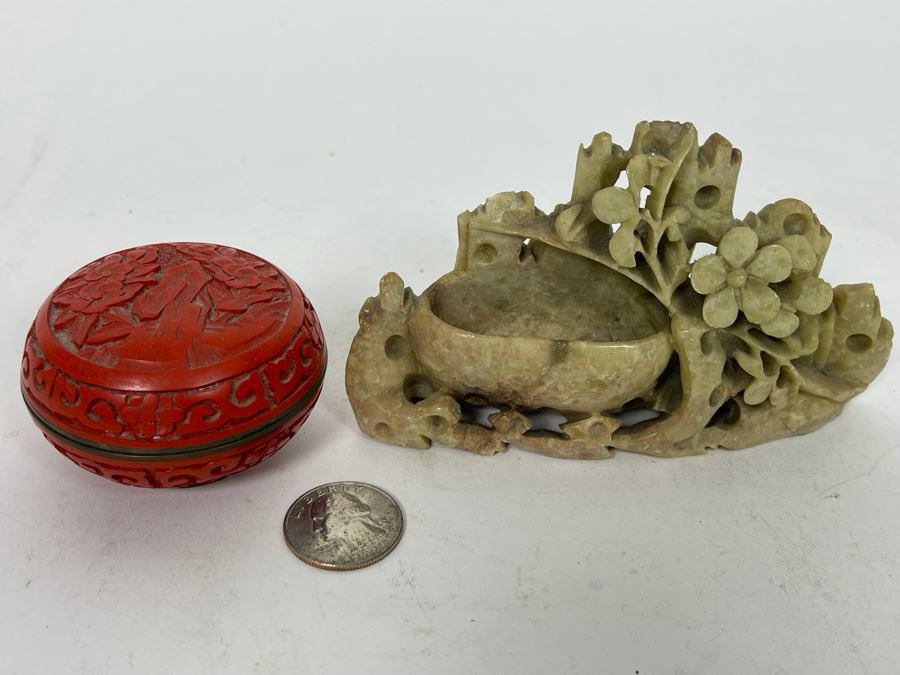 Small Chinese Carved Soapstone And Cinnabar Blue Enamel Trinket Box [Photo 2]