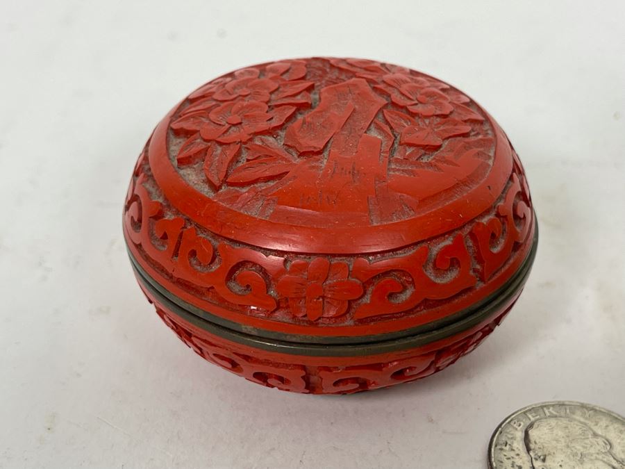 Small Chinese Carved Soapstone And Cinnabar Blue Enamel Trinket Box [Photo 9]