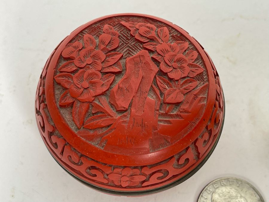 Small Chinese Carved Soapstone And Cinnabar Blue Enamel Trinket Box [Photo 8]
