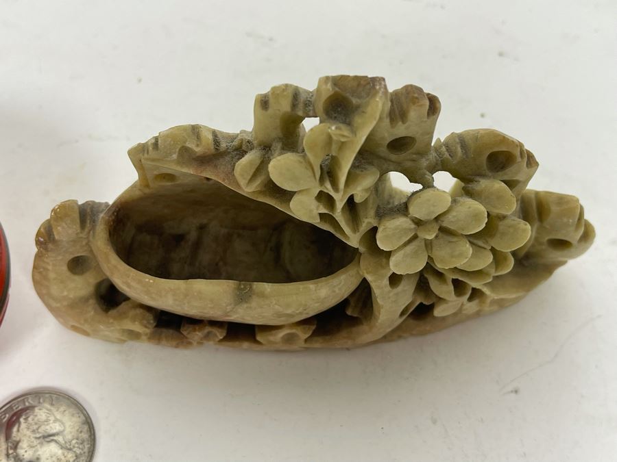 Small Chinese Carved Soapstone And Cinnabar Blue Enamel Trinket Box [Photo 5]