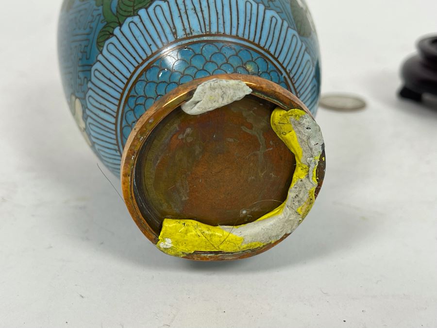 Small Chinese Cloisonne Vase With Wooden Stand 7H [Photo 8]