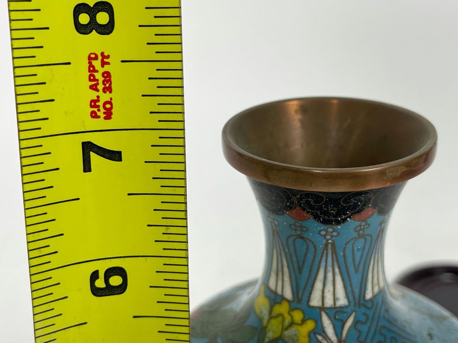 Small Chinese Cloisonne Vase With Wooden Stand 7H [Photo 9]