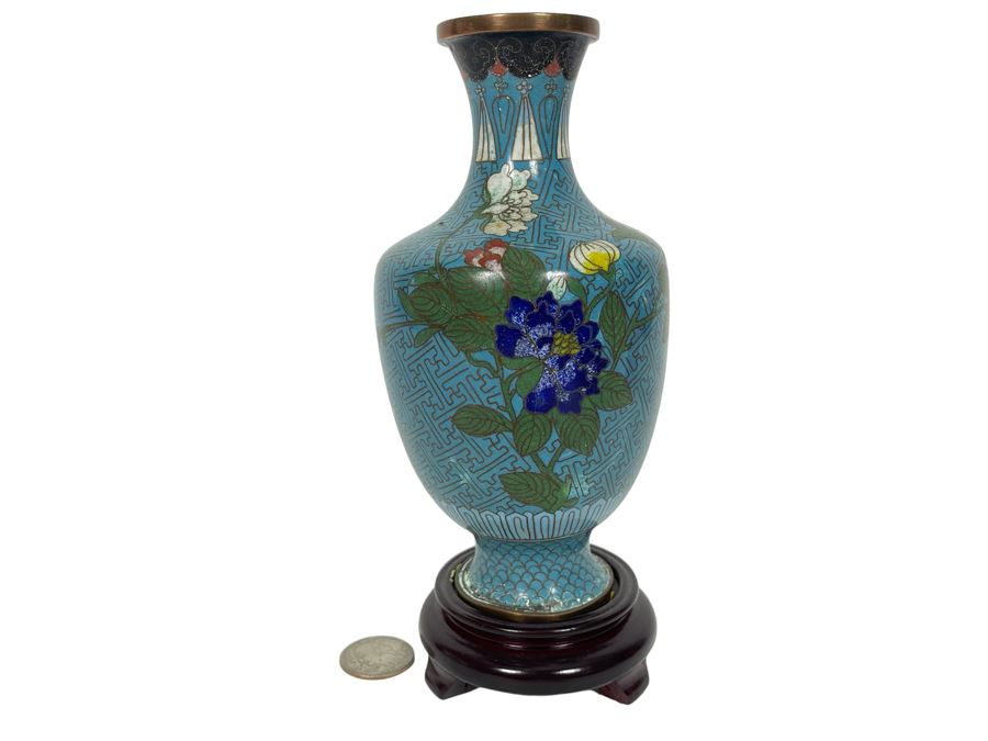 Small Chinese Cloisonne Vase With Wooden Stand 7H
