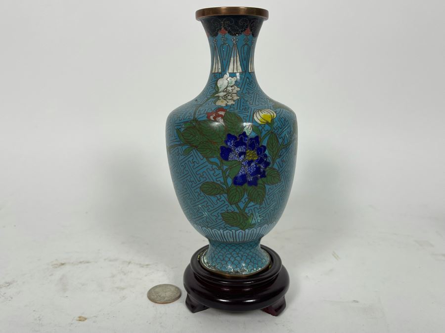 Small Chinese Cloisonne Vase With Wooden Stand 7H [Photo 3]
