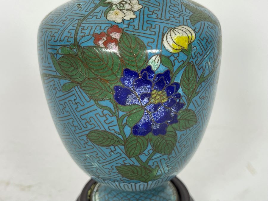 Small Chinese Cloisonne Vase With Wooden Stand 7H [Photo 5]