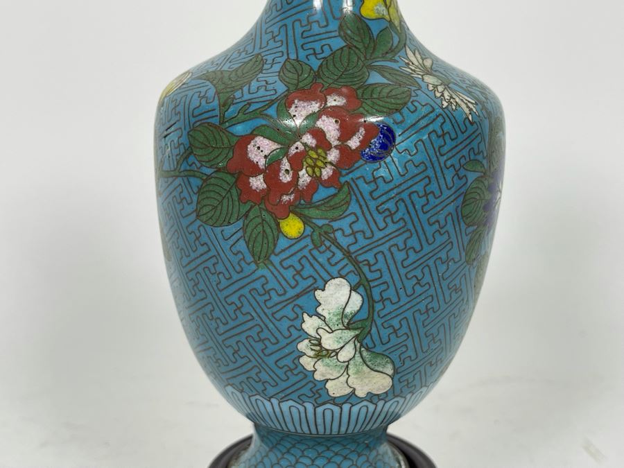 Small Chinese Cloisonne Vase With Wooden Stand 7H [Photo 6]