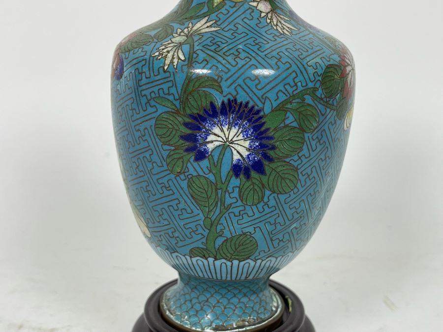 Small Chinese Cloisonne Vase With Wooden Stand 7H [Photo 7]