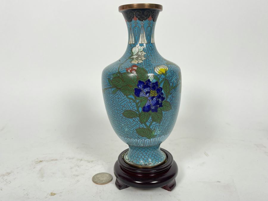 Small Chinese Cloisonne Vase With Wooden Stand 7H [Photo 2]