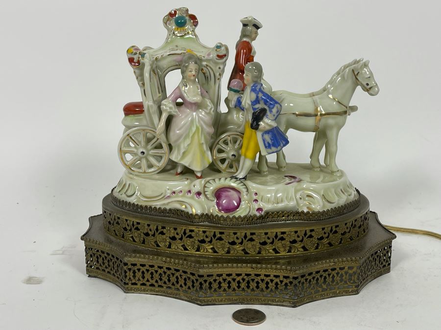 Vintage Horse And Carriage Porcelain And Brass Table Lamp 10W X 7D X 9H [Photo 14]