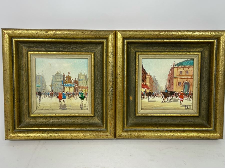Pair Of Original Parisian Scene Painting 5.5 X 5.5 Framed 10.5 X 10.5 [Photo 2]