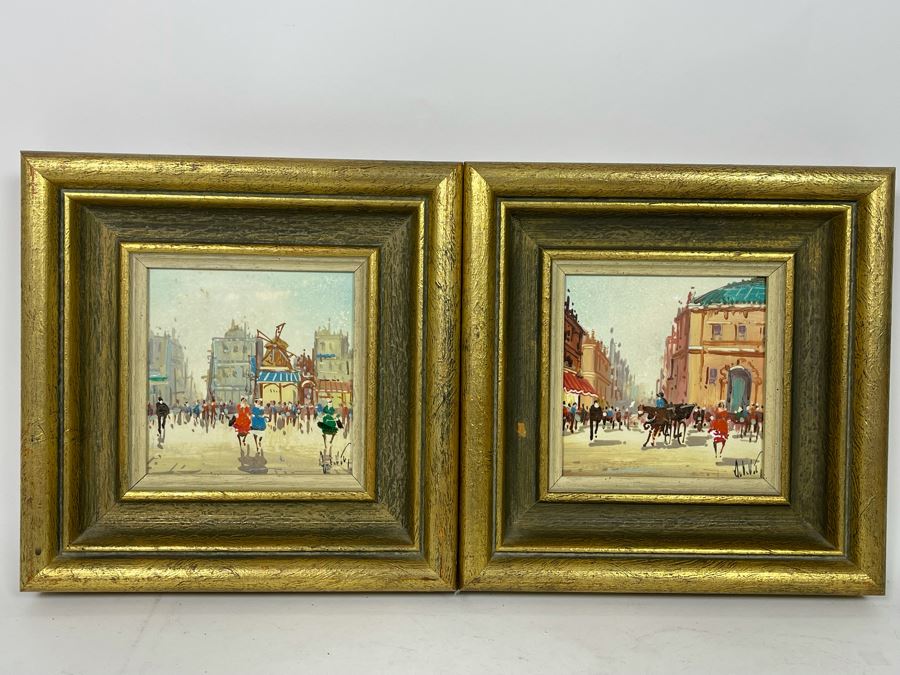 Pair Of Original Parisian Scene Painting 5.5 X 5.5 Framed 10.5 X 10.5 [Photo 4]