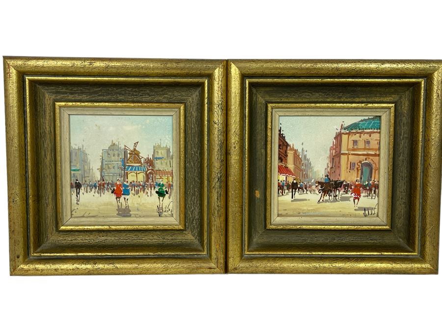 Pair Of Original Parisian Scene Painting 5.5 X 5.5 Framed 10.5 X 10.5
