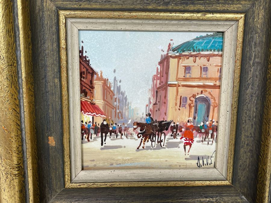 Pair Of Original Parisian Scene Painting 5.5 X 5.5 Framed 10.5 X 10.5 [Photo 5]