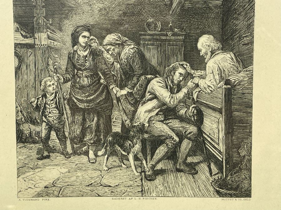 Antique Norwegian Engraving Afskeden The Farewell Raderet Af L. H. Fischer Painted By A. Tidemand By Mittet & Co., Oslo 7 X 9 Framed 10.5 X 13 [Photo 5]