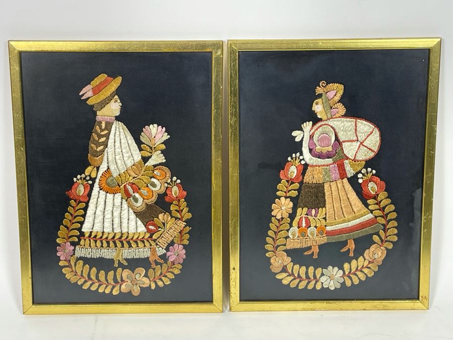 Vintage European Embroidery Artwork, Pair Framed 9 X 12 [Photo 3]