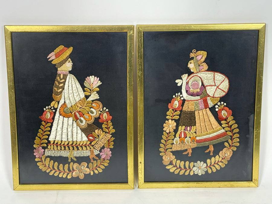 Vintage European Embroidery Artwork, Pair Framed 9 X 12 [Photo 2]