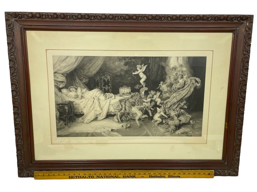 Antique Engraving By F. Vinea Firenze Titled 'Un Reve D' Amour' 'A Dream Of Love' 1896 Fishel Adler & Schwartz NY Printed In Austria Francesco Vinea (Italian, 1845-1902) Facsimile Signed Lower Right / Appears To Be Pencil Signed By F. Vinea In Lower Left [Photo 3]