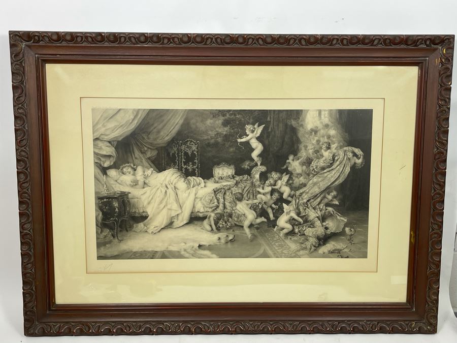 Antique Engraving By F. Vinea Firenze Titled 'Un Reve D' Amour' 'A Dream Of Love' 1896 Fishel Adler & Schwartz NY Printed In Austria Francesco Vinea (Italian, 1845-1902) Facsimile Signed Lower Right / Appears To Be Pencil Signed By F. Vinea In Lower Left [Photo 5]