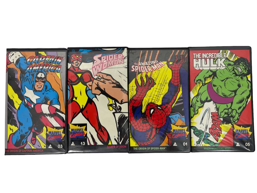 (4) Vintage Marvel Comics VHS Tapes: Captain America, Spider Woman, The Amazing Spider-Man And The Incredible Hulk