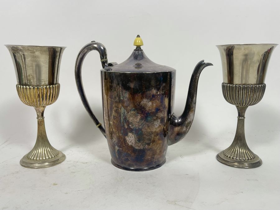 Silverplate Coffee Pot 7.5H And Pair Of Silverplate Stemware Glasses 7.5H [Photo 2]