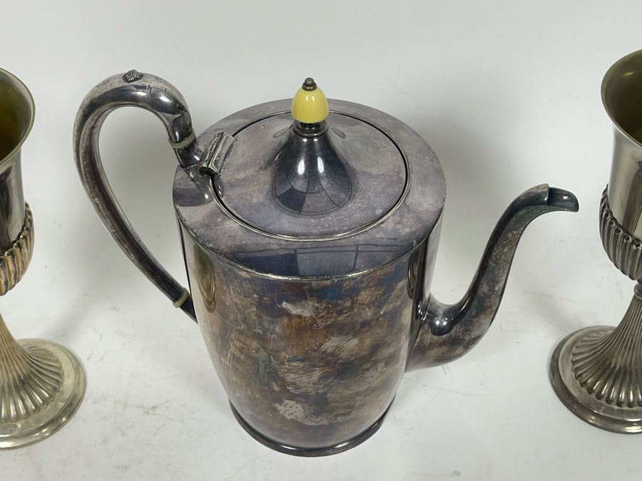 Silverplate Coffee Pot 7.5H And Pair Of Silverplate Stemware Glasses 7.5H [Photo 4]