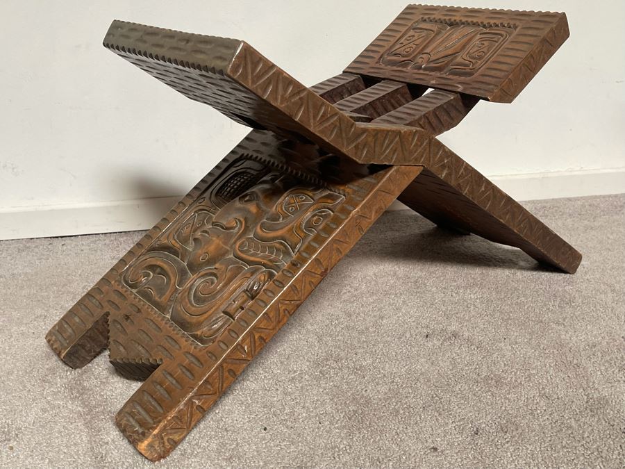 Carved Wooden Folding Bench Seat Chair From Honduras 29W X 16H [Photo 9]