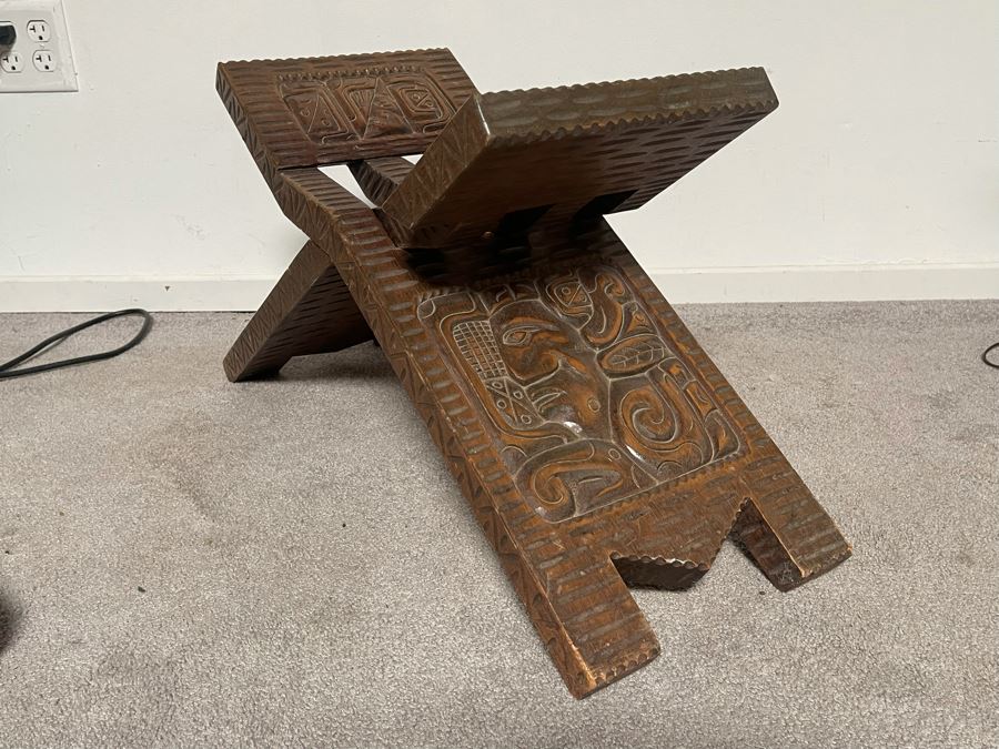 Carved Wooden Folding Bench Seat Chair From Honduras 29W X 16H [Photo 4]
