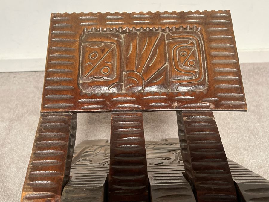 Carved Wooden Folding Bench Seat Chair From Honduras 29W X 16H [Photo 12]
