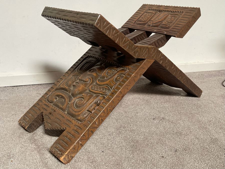 Carved Wooden Folding Bench Seat Chair From Honduras 29W X 16H [Photo 10]