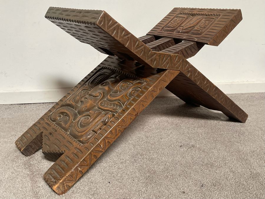 Carved Wooden Folding Bench Seat Chair From Honduras 29W X 16H [Photo 8]