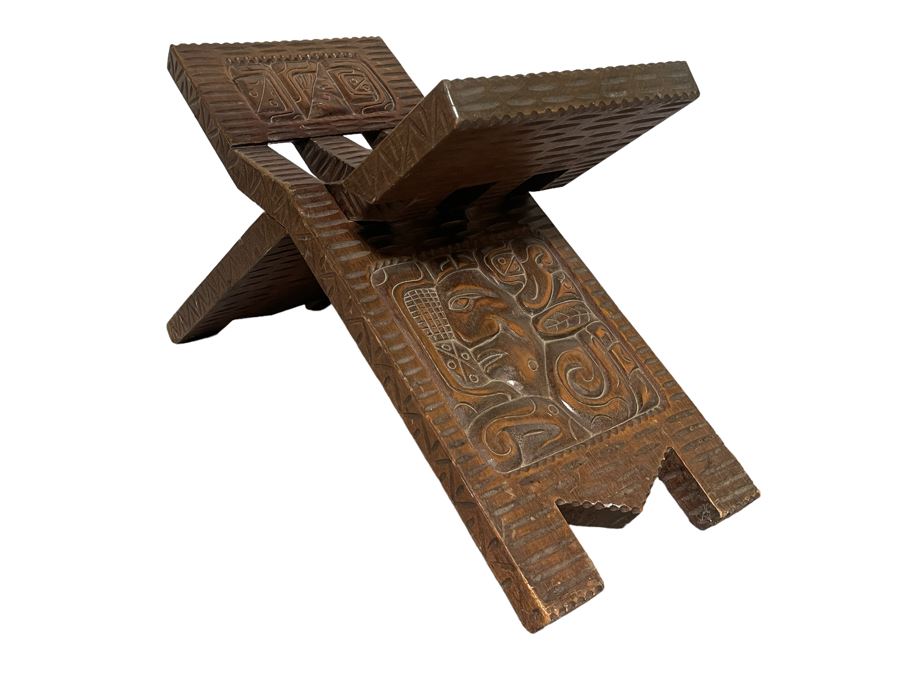 Carved Wooden Folding Bench Seat Chair From Honduras 29W X 16H [Photo 2]