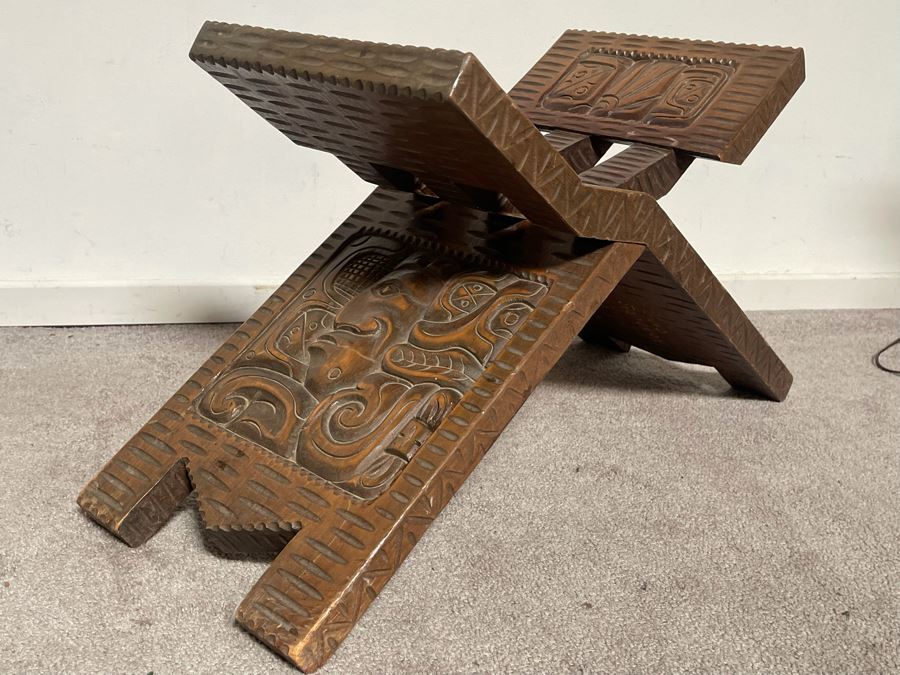 Carved Wooden Folding Bench Seat Chair From Honduras 29W X 16H [Photo 11]